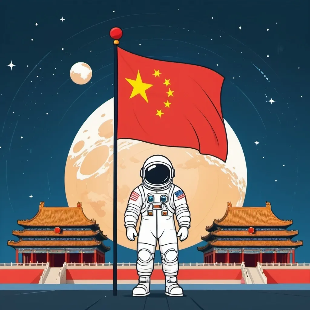 Prompt: Stylized cartoon , spacecraft, china national flag, astronaut, forbidden city, simple lines, cartoon illustration, cosmic background