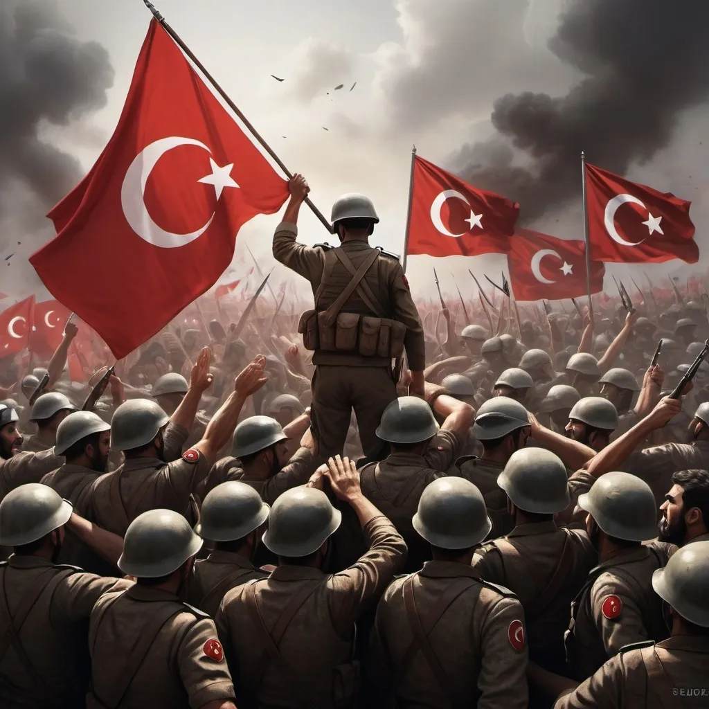 Prompt: Realistic depiction of 15 Temmuz coup attempt, Turkish flag waving, people resisting, soldiers in turmoil, intense emotions, realistic style, high quality, detailed, dramatic lighting, patriotic colors, historical moment