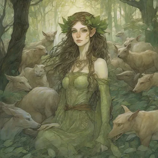 Prompt: A female elf with green eyes, pale skin in the middle of the woods surrounded by animals artwork by rebecca guay - n 6