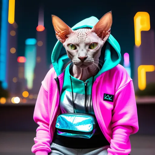 Prompt: A Sphynx cat in a neon-accented hoodie with a sleek, holographic fanny pack slung around its waist. The look has a futuristic flair, with a neon cityscape in the background.