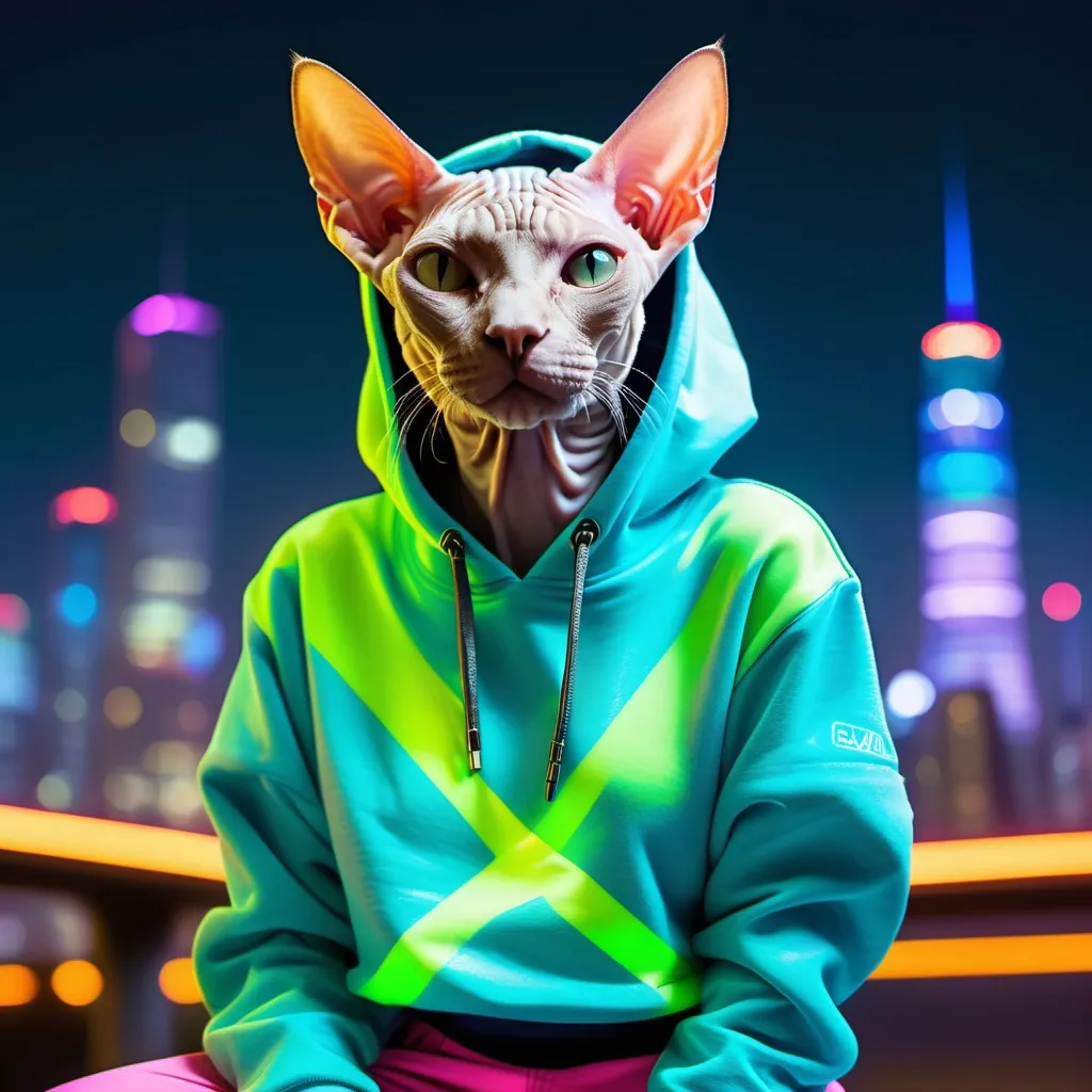 Prompt: A Sphynx cat in a neon-accented hoodie with a sleek, holographic fanny pack slung around its waist. The look has a futuristic flair, with a neon cityscape in the background.