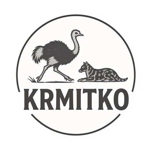 Prompt: A simple vector graphics saying "Krmitko", depicting an ostrich chasing a cheetach. So shading, just silouhettes. Make it a circular logo. Background color is transparent