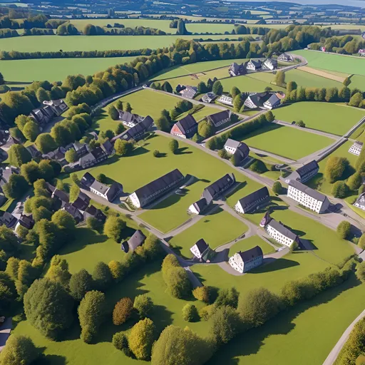 Prompt: Deutsches Dorf mit Feldern herum drone shot
