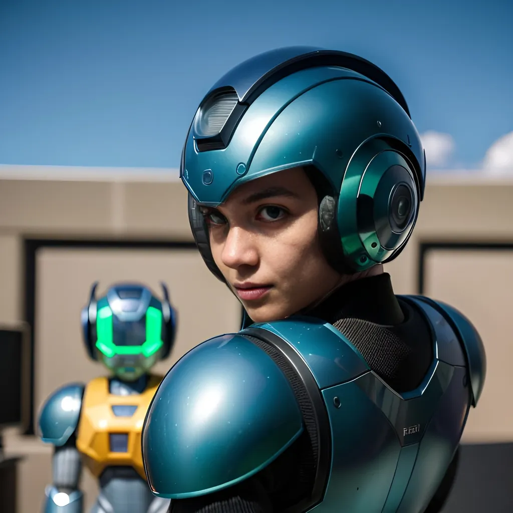 Prompt: photo realistic image of Megaman, centered in frame, view from behind, watching a scientist unleash a green and yellow robot, ideal human, 85mm lens, f8, photography, ultra details, natural light, light background, photo, Studio lighting