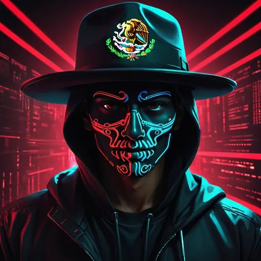 Prompt: Black hat hacker with Mexican flag, digital art illustration, cyberpunk aesthetic, intense and focused gaze, code streaming in the background, high-tech equipment, ominous red and black tones, neon lighting, best quality, ultra-detailed, digital art, cyberpunk, Mexican flag, intense gaze, professional, ominous lighting