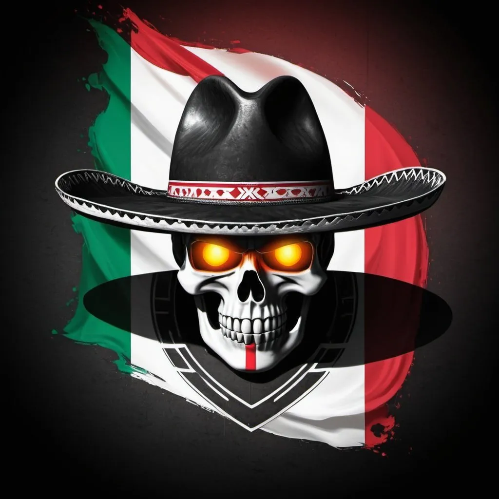 Prompt: Team MX logo over Mexican flag, black hat hackers, digital art, high quality, cyber-themed, patriotic colors, menacing atmosphere, detailed logos, hacking visuals, intense lighting