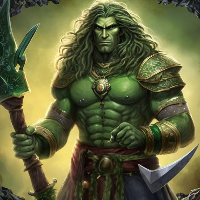 Prompt: A tall, buff, handsome man, with green skin and long hair with locks with a noble but hostile face, with a green coat and mantle on a green horse. The man is holding a green holly twig in one hand and a large axe in the other. The horse is great and thick with a curly combed mane.