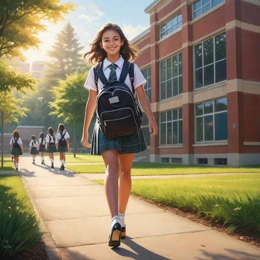 Prompt: A girl (wearing a school uniform, stylish heels, holding a backpack), bright morning light, cheerful ambiance, walking towards school, surrounded by vibrant greenery, ultra-detailed, photorealistic, captured in a dynamic and lively scene, embodying youthful excitement and anticipation. The school building is visible in the background, evoking a sense of community and learning.