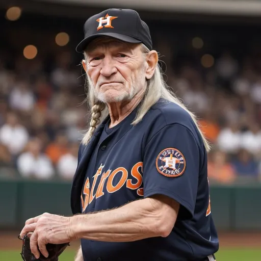 Prompt: Realistic photo of Willie Nelson pitching for the Houston Astros