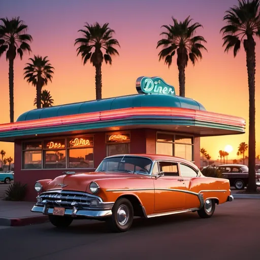 Prompt: Vibrant California sunset behind a retro diner, vintage car parked in front, 16:9 aspect ratio, high quality, detailed, vintage style, warm tones, nostalgic atmosphere, palm trees silhouetted against the sky, classic car with polished chrome details, neon signs casting warm glow, retro diner interior visible through windows