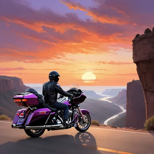 Prompt: "A lone motorcyclist, perched atop a Harley Davidson Road Glide, rests at a cliff's edge, silhouetted against a stunning sunset. The sky is ablaze with vibrant hues of orange, pink, and purple, casting a warm glow over the scene. Dressed in rugged leather gear, the rider takes in the breathtaking view, contemplating the vast expanse before them. The iconic silhouette of the Road Glide stands tall beside them, symbolizing freedom and adventure. As the sun dips below the horizon, painting the landscape in golden light, the motorcyclist reflects on the journey ahead. The cliffside location offers a moment of solitude and serenity, with only the sound of the wind and distant waves breaking the silence. In this tranquil setting, the motorcyclist finds solace and inspiration, embracing the thrill of the open road and the beauty of nature. The image captures the essence of exploration and discovery, inviting the viewer to join the rider on their quest for adventure."