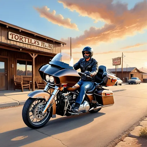 Prompt: Motorcycle rider arriving at Tortilla Flat Saloon on a Harley Davidson Road Glide, classic cars parked in front, morning sunlight casting warm glow, wispy clouds in the sky, highly-detailed, realistic, oil painting, vintage, warm tones, atmospheric lighting