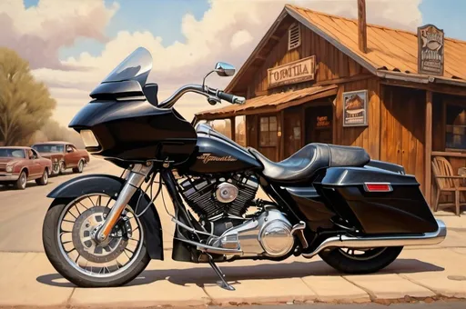 Prompt: Motorcycle rider arriving at Tortilla Flat Saloon on a Harley Davidson Road Glide, classic cars parked in front, morning sunlight casting warm glow, wispy clouds in the sky, highly-detailed, realistic, oil painting, vintage, warm tones, atmospheric lighting