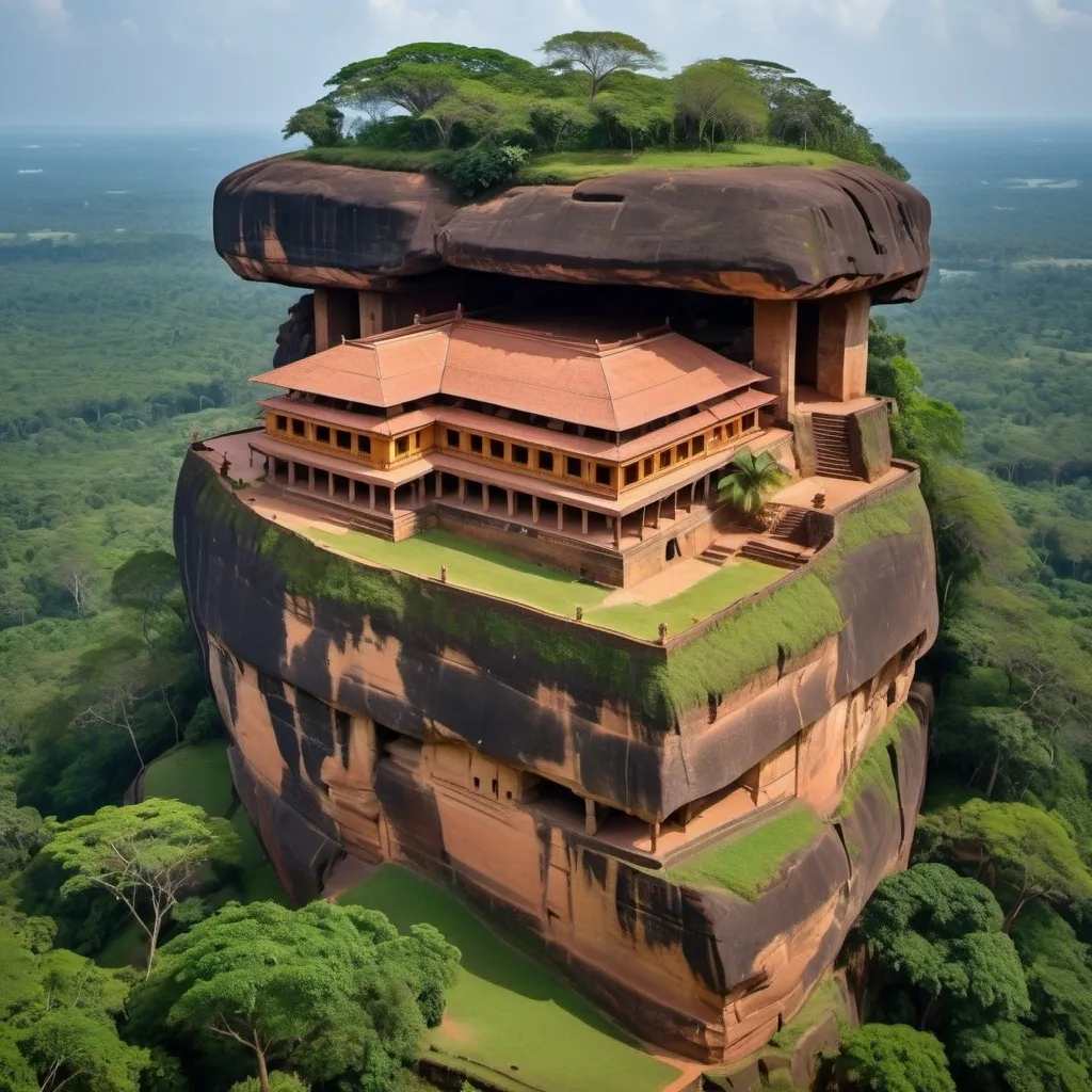 Prompt: re-create a sigiriya rock mansion in srilanka.  exterior and interior architectural influences. 
