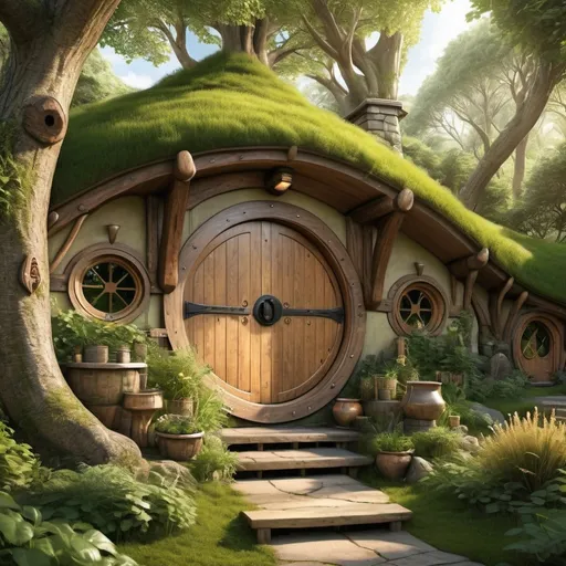 Prompt: create cozy forest hobbit cabana with architectural influence

