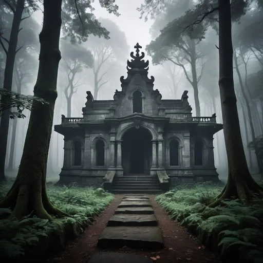 Prompt: dark forest in the middle of the forest. it has acolonial type stone bunglow. misty environment. need some architectural influence in the image. 
