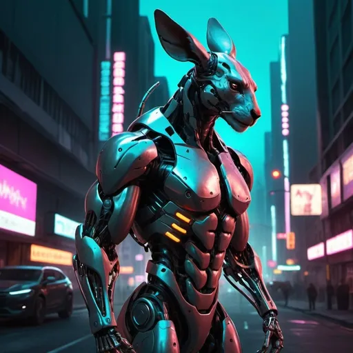 Prompt: Muscular, anthropomorphic, oryx-kangaroo hybrid, robotic, cyberpunk concept art, robo, futuristic, high-tech, detailed metallic exoskeleton, rugged and tough appearance, urban cyberpunk setting, neon lights, intense and focused gaze, cool tones, futuristic cityscape, best quality, highres, ultra-detailed, cyberpunk, robotic, futuristic, detailed exoskeleton, muscular, urban, intense gaze, cool tones, neon lights