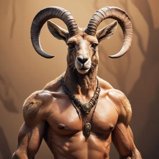 Prompt: hyper-realistic, anthropomorphic muscular male kangaroo-ibex hybrid character with ibex-horns and a kangaroo-tail, fantasy character art, illustration, warm tone