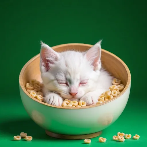 Prompt: cute white male kitten   Curled up sleeping inside a cereal bowle  on a green screen back drop.