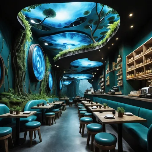 Prompt: A cafe designed like avatar film with somthing like nature