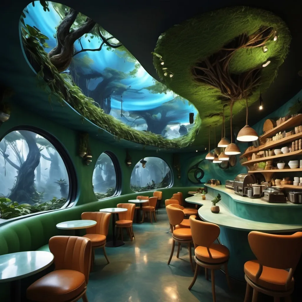 Prompt: A cafe designed like avatar film with somthing like nature