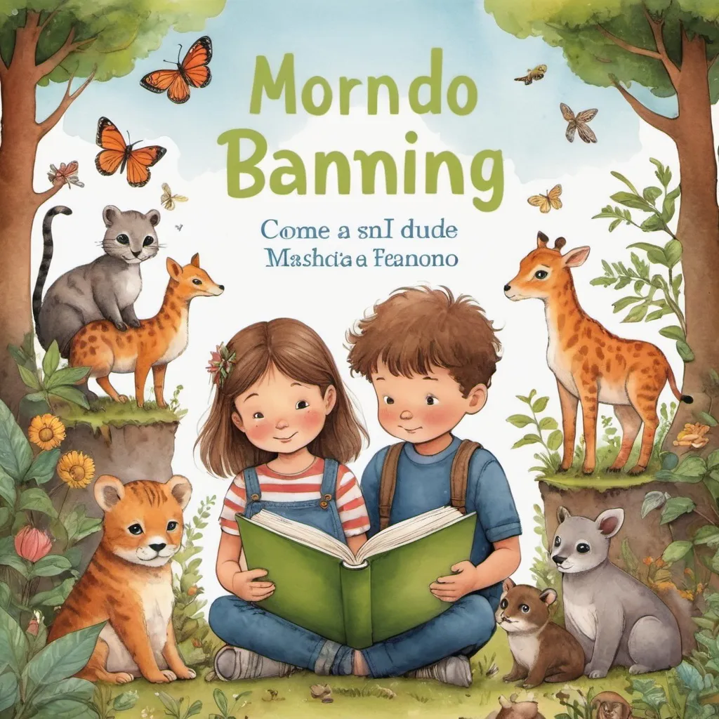 Prompt: La copertina per un libro per bambini. Come soggetto due fratelli, maschio e femmina, che si tengono per mano. Come sfondo un mondo in miniatura con tanti animali e piante