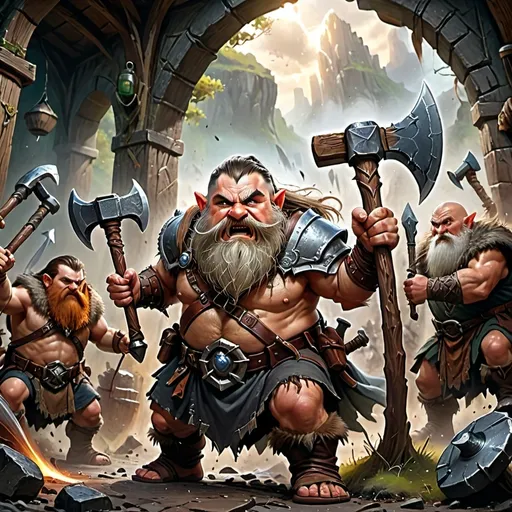 Prompt: Seven male characters (dynamic composition), rushing into battle, epic confrontation, tall shredded barbarian with battle axe, wise old wizard casting spells, Jewish dwarf warrior wielding a hammer, hobbit scientist with gadgets, Mexican half-orc with fierce expression, Latino gnome ranger aiming a bow, fat human weapons merchant with inventory, dramatic lighting, lush fantasy landscape background, gripping atmosphere, (4K ultra-detailed).