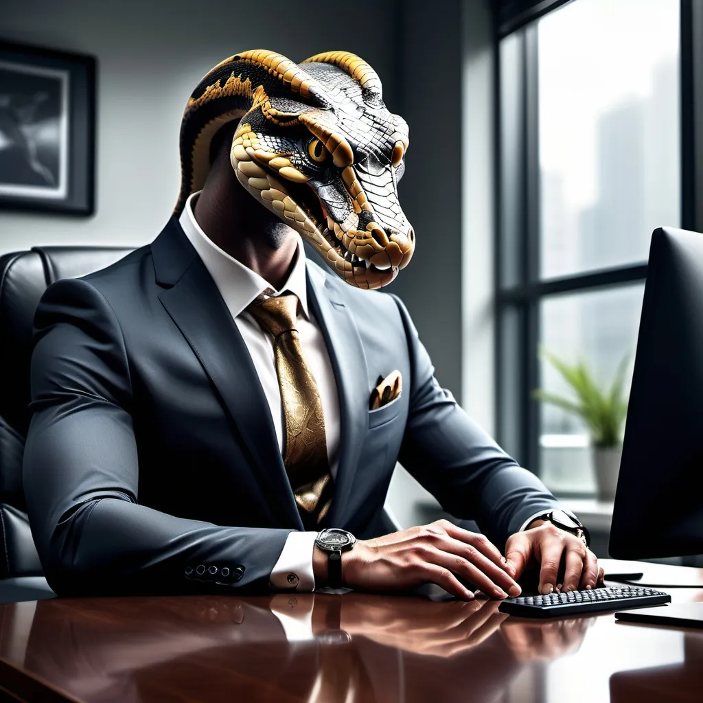 Prompt: (male with snake head), dressed in (formal suit), seated at (office desk), (intensely focused on computer), surrounding elements include (elegant office decor), natural lighting creating a (serene atmosphere), colors are (rich and polished), showcasing a contrast of (modern technology with mythical aesthetics), in (high quality, ultra-detailed).