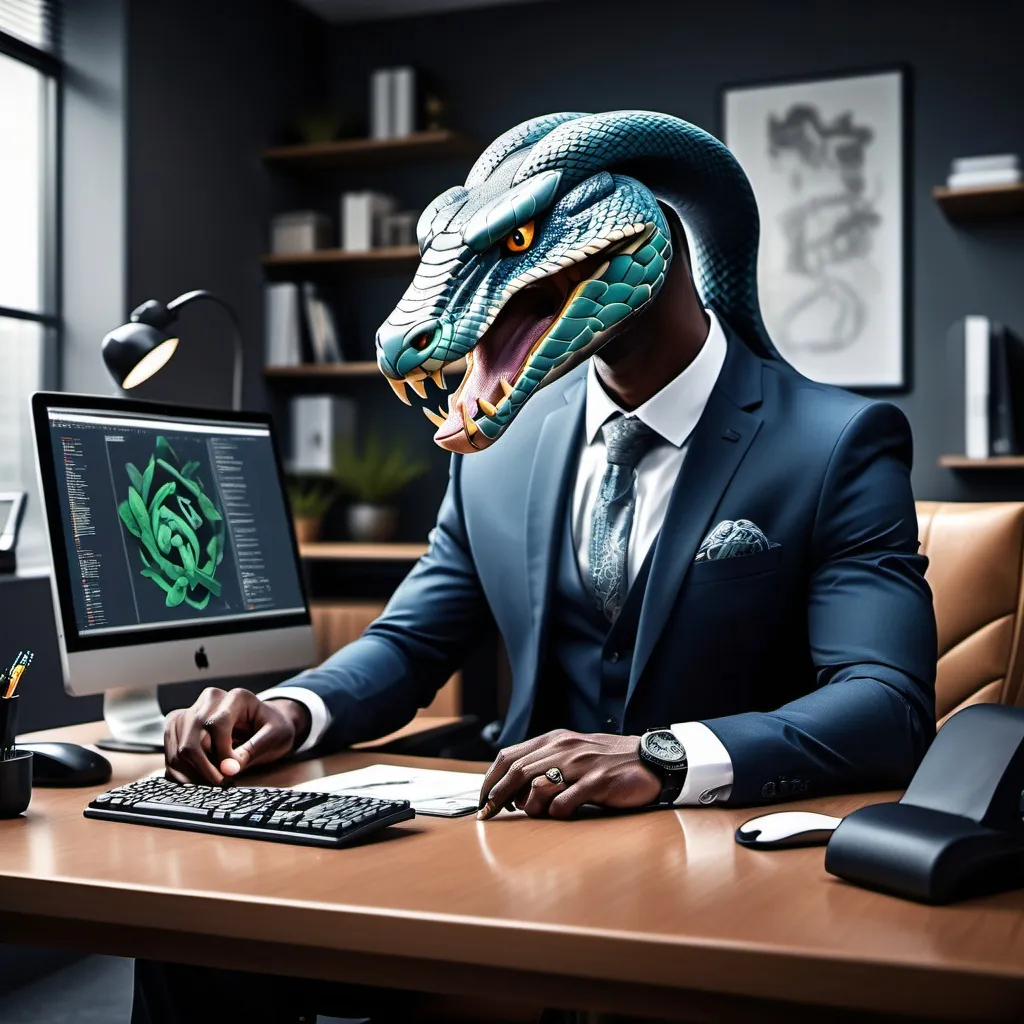 Prompt: (male with snake head), dressed in (formal suit), seated at (office desk), (intensely focused on computer), surrounding elements include (elegant office decor), natural lighting creating a (serene atmosphere), colors are (rich and polished), showcasing a contrast of (modern technology with mythical aesthetics), in (high quality, ultra-detailed).