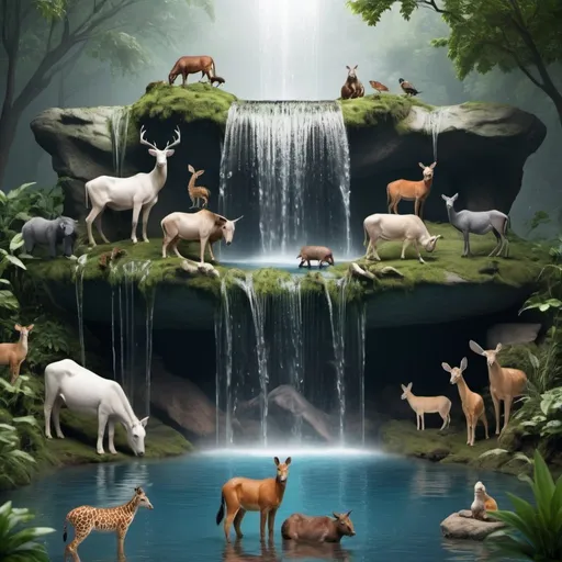 Prompt: ambient waterfall with all animals in it drinking water
