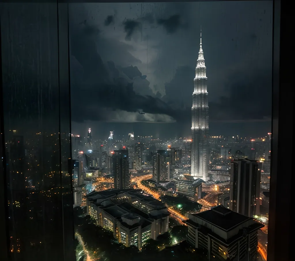 Prompt: A rainy night time at Kuala Lumpur Twin Towers view from a luxury hotel bedroom view