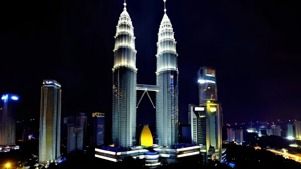 Prompt: A night time view of Kuala Lumpur Twin Towers