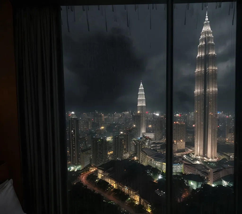 Prompt: A rainy night time at Kuala Lumpur Twin Towers view from a luxury hotel bedroom view