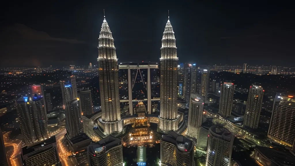 Prompt: A night time view of Kuala Lumpur Twin Towers