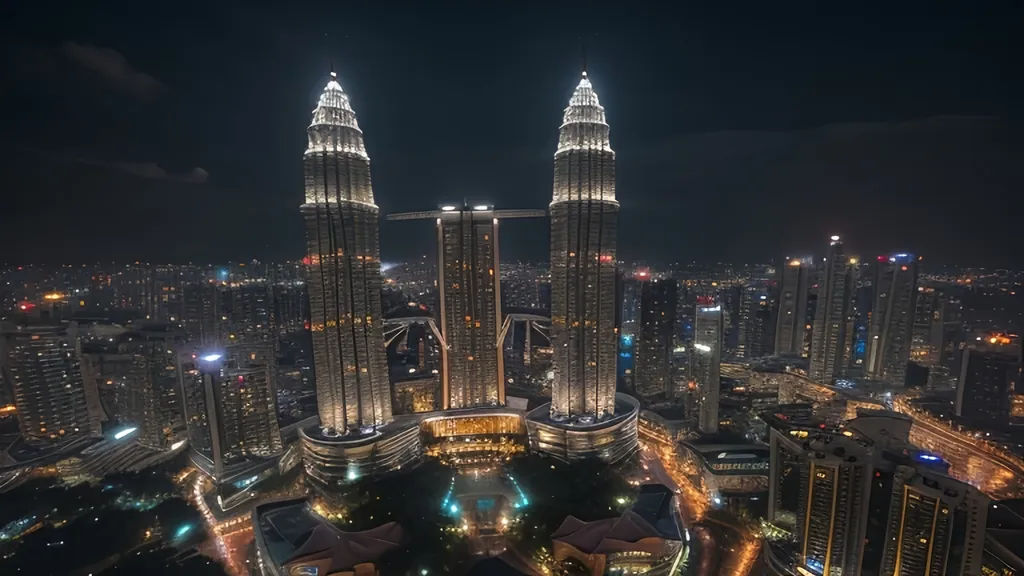 Prompt: A night time view of Kuala Lumpur Twin Towers
