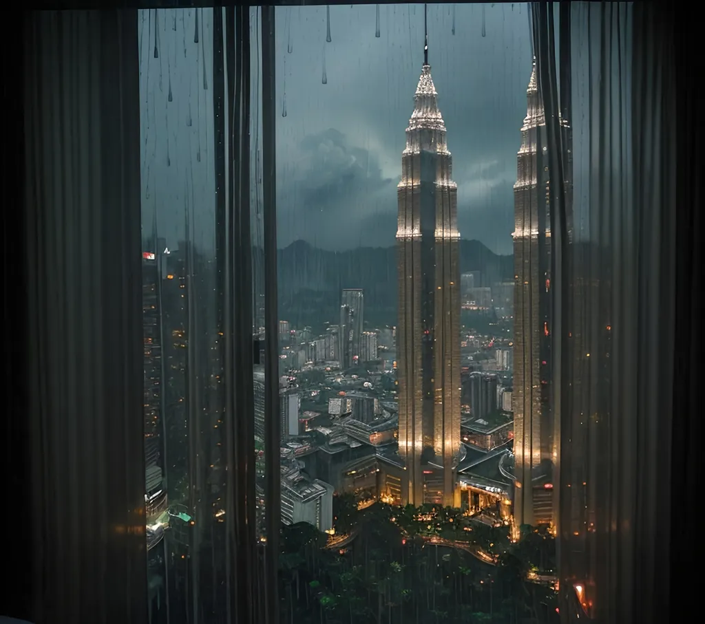 Prompt: A rainy Kuala Lumpur Twin Towers view from a luxury hotel bedroom view