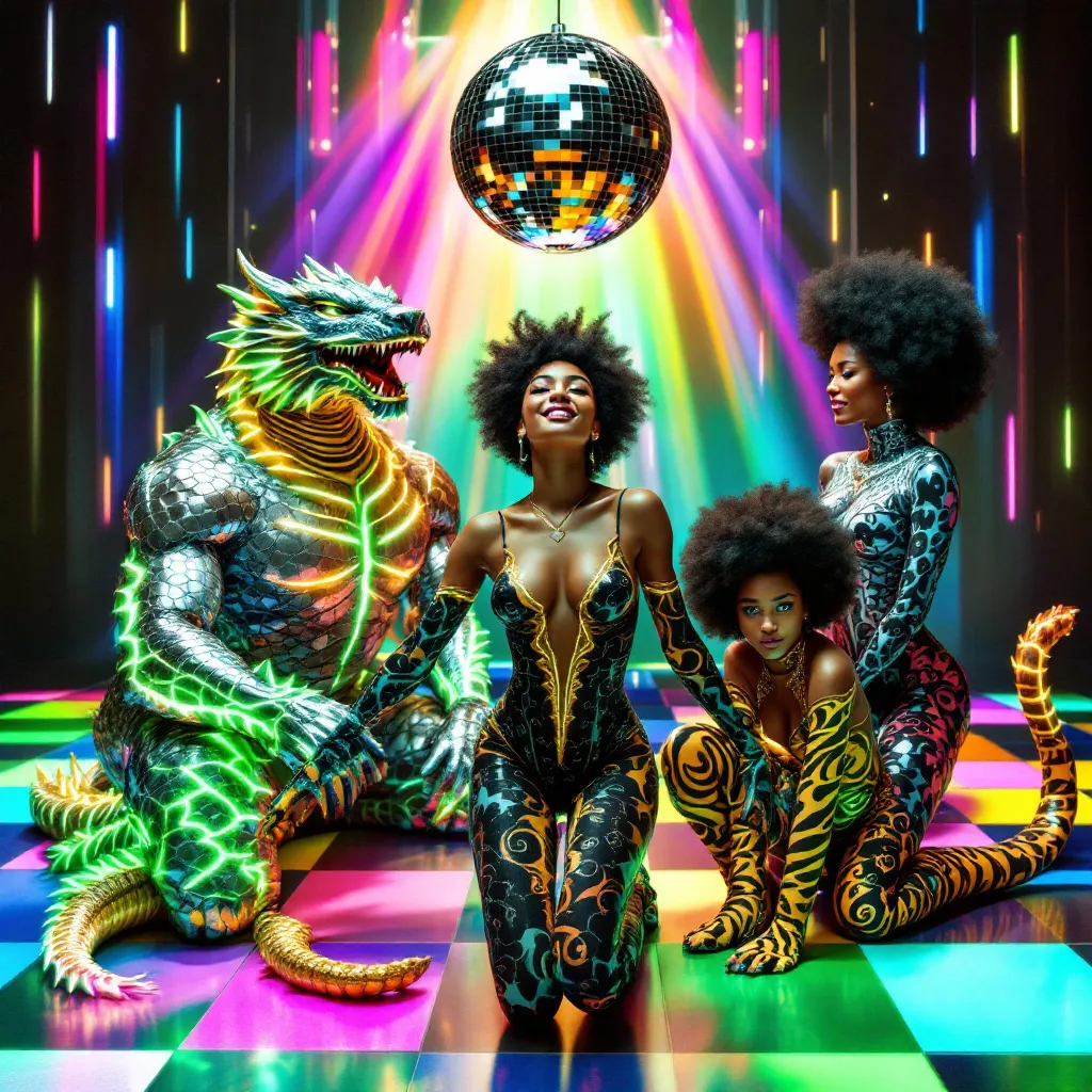 Prompt: (motifs are girls, cats, cars, dragons), transform motifs into humans, embody motifs in human bodies, incarnate motifs in human bodies, make motifs human, anthropomorphise motifs, anthropocentric motifs, anthropocentric motifs, (anthropogenic, anthropocentric), anthropologising motifs, putting motifs in the anthropological category, five motifs anthropomorphised on the disco floor, motifs in a jumping pose with hands outstretched as if trying to grab something, shot looking up from below with ground in