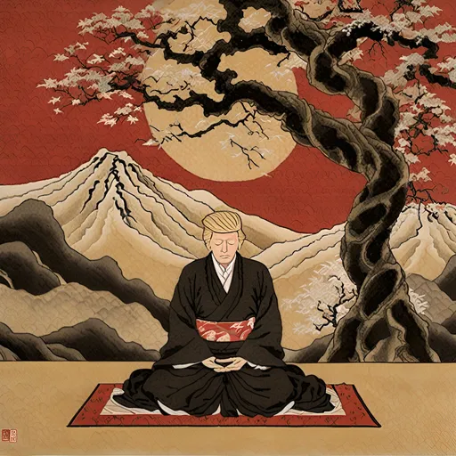 Prompt: Ancient Japanese painting of Donald Trump achieving enlightenment, traditional ink painting, serene mountain landscape, meditating figure with enlightened expression, flowing robe with intricate patterns, subtle use of black and gold accents, red tree leaves, calming and ethereal atmosphere,  traditional Japanese art, serene tones, strong facial features, peaceful ambiance