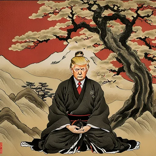 Prompt: Ancient Japanese painting of Donald Trump achieving enlightenment, traditional ink painting, serene mountain landscape, meditating figure with enlightened expression, flowing robe with intricate patterns, subtle use of black and gold accents, red tree leaves, calming and ethereal atmosphere,  traditional Japanese art, serene tones, strong painted facial features, peaceful ambiance, samurai sword,  art of war, art of the deal