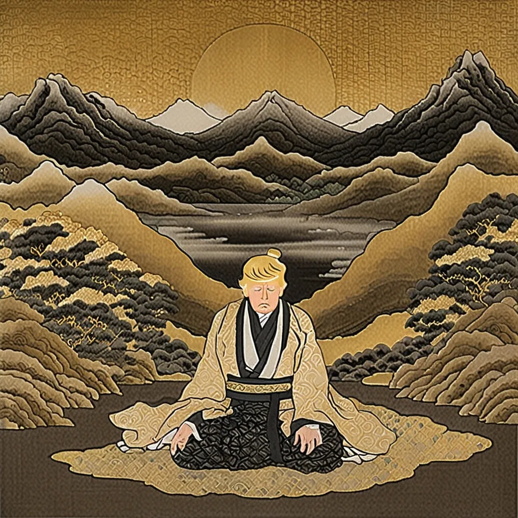 Prompt: Ancient Japanese painting of Donald Trump achieving enlightenment, traditional ink painting, serene mountain landscape, meditating figure with enlightened expression, flowing robe with intricate patterns, subtle use of gold accents, calming and ethereal atmosphere, high quality, traditional Japanese art, serene tones, detailed facial features, peaceful ambiance