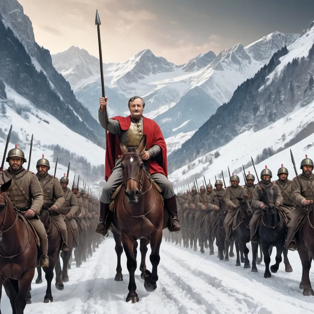 Prompt: Generate an image of Hannibal leading his army through the Alps.