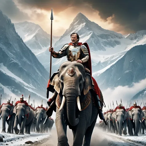 Prompt: Generate an image of Hannibal leading his army through the Alps.