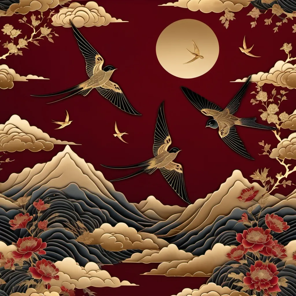 Prompt: A decorative artwork in an oriental style featuring three swallows flying over a landscape of mountains, swirling clouds, and blooming flowers. The background is a deep red color with intricate golden accents, giving a luxurious and harmonious feel. The swallows are beautifully detailed, with golden and black feather highlights. The mountains and clouds are stylized with fine line textures and a mix of black, gray, and gold tones. The composition has a blank rectangular space in the center, framed in gold, suitable for adding text or other elements, creating balance and elegance
