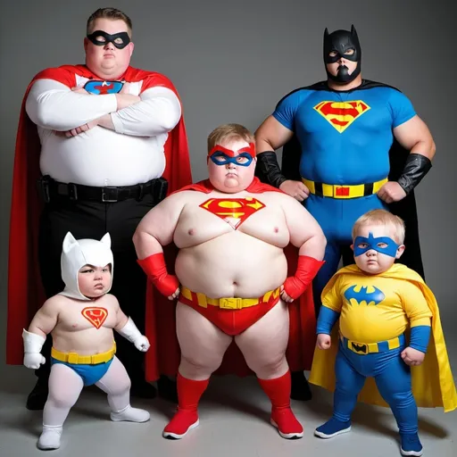 Prompt: make me and image four chubby white super hero and their  names are cdog  ktory,alsac,TjiZZy fighting crime  