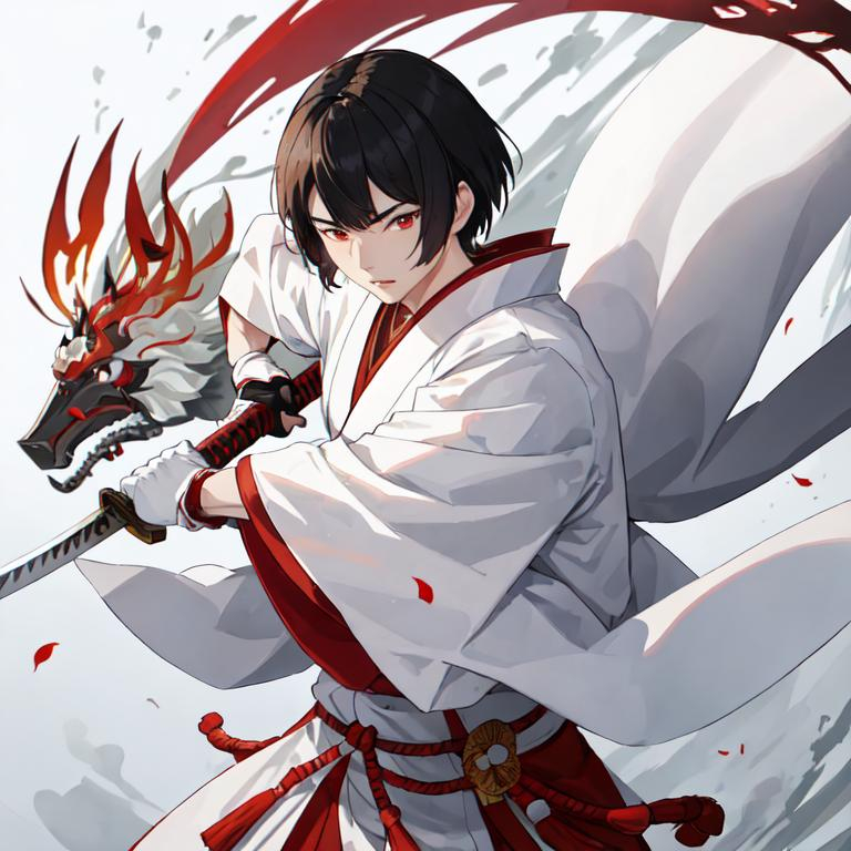 Prompt: a Japanese warrior in a white and red kimono, holding a white-handled katana, fights against three samurai.  In the background, a Japanese village is on fire and corpses on the street.  the warrior has black hair and red eyes, his hair is short black.  there is a cut under his right eye, he holds his sword in front of him with both hands.  in an attacking position.  the samurai rush towards him ready to attack.