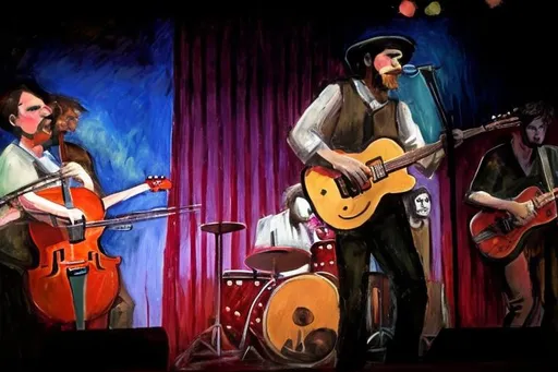 Prompt: a band playing on a stage in the style of an expressionist painting. there are 3 guitar players, a cellist, and a drummer.  The middle guitar player has dark skin