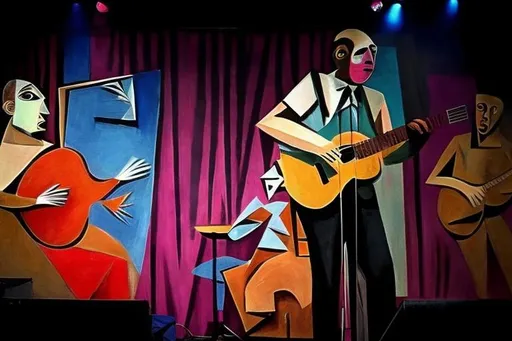 Prompt: a band playing on a stage in the style of Picasso.