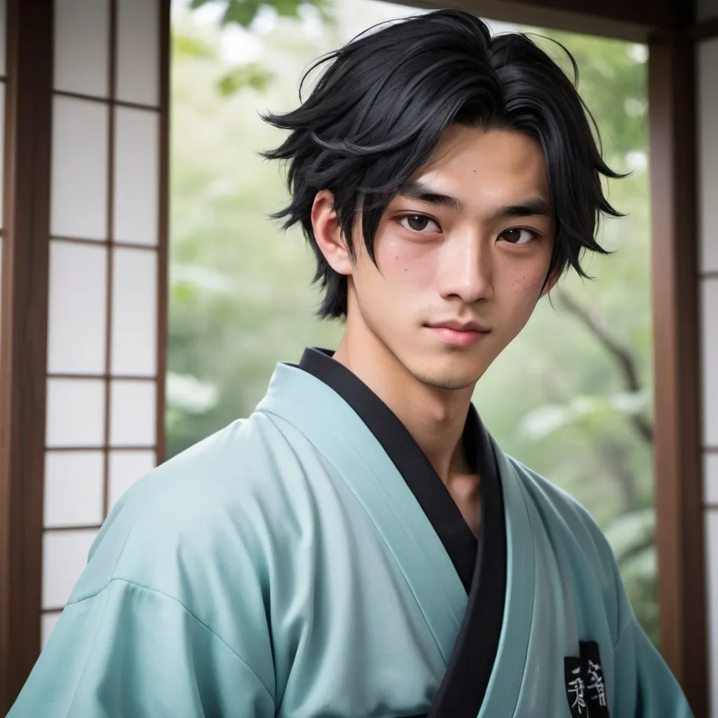 Prompt: a chinese boy thats 21, he has tan skin and and a cheek dimples, he has a small birthmark on his nose, his hair is dark black and up to his shoulders, he has a curtain bags, his yes are light blue, he has dark circles and straight white teeth, he wears a black kimono with a grey haiori and white tabi socks, he is attractive. draw him in the demon slayer art styllw