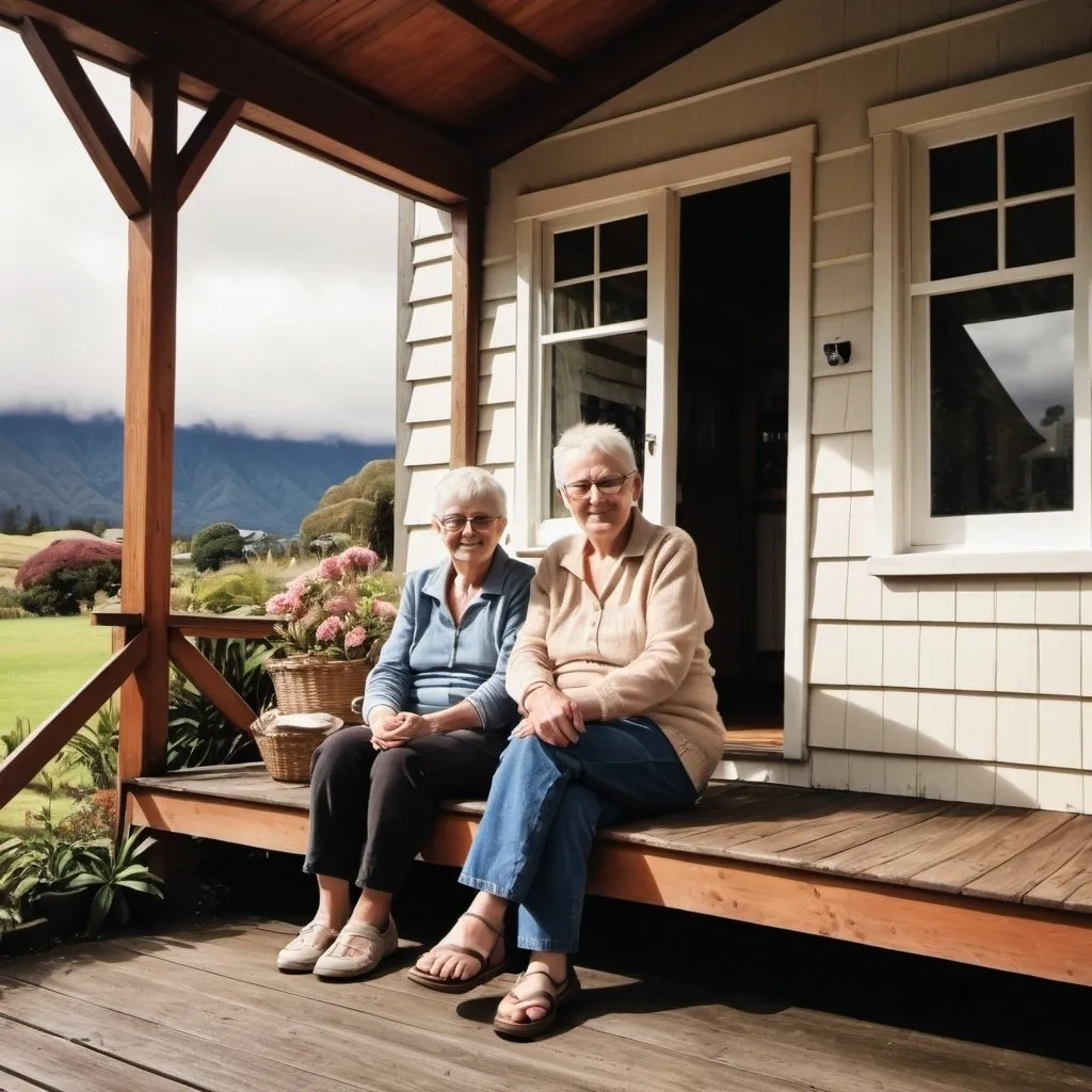Prompt: A lesbian couple in their 70s, sitting on their wooden porch in a cottage style house in New Zealand. iPhone photography style.