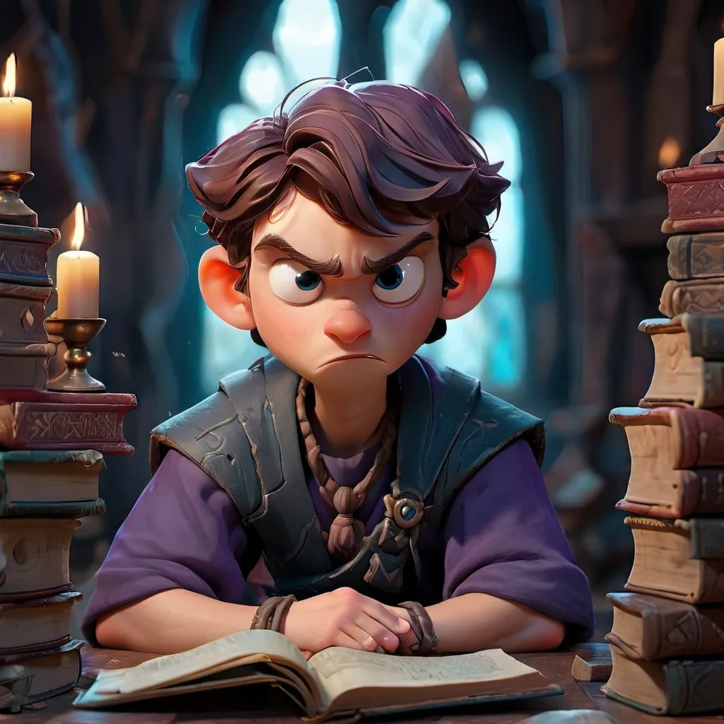 Prompt: (magical scene), a young sorcerer, searching for guidance amidst towering ancient books and magical artifacts, glowing runes surrounding him, intense expression of uncertainty and determination, mystical aura radiating, (fantasy setting), dimly lit room, candles flickering, shadows playing, detailed textures, (ultra-detailed), rich color tones of deep blues and purples, enchanting atmosphere, (4K quality).